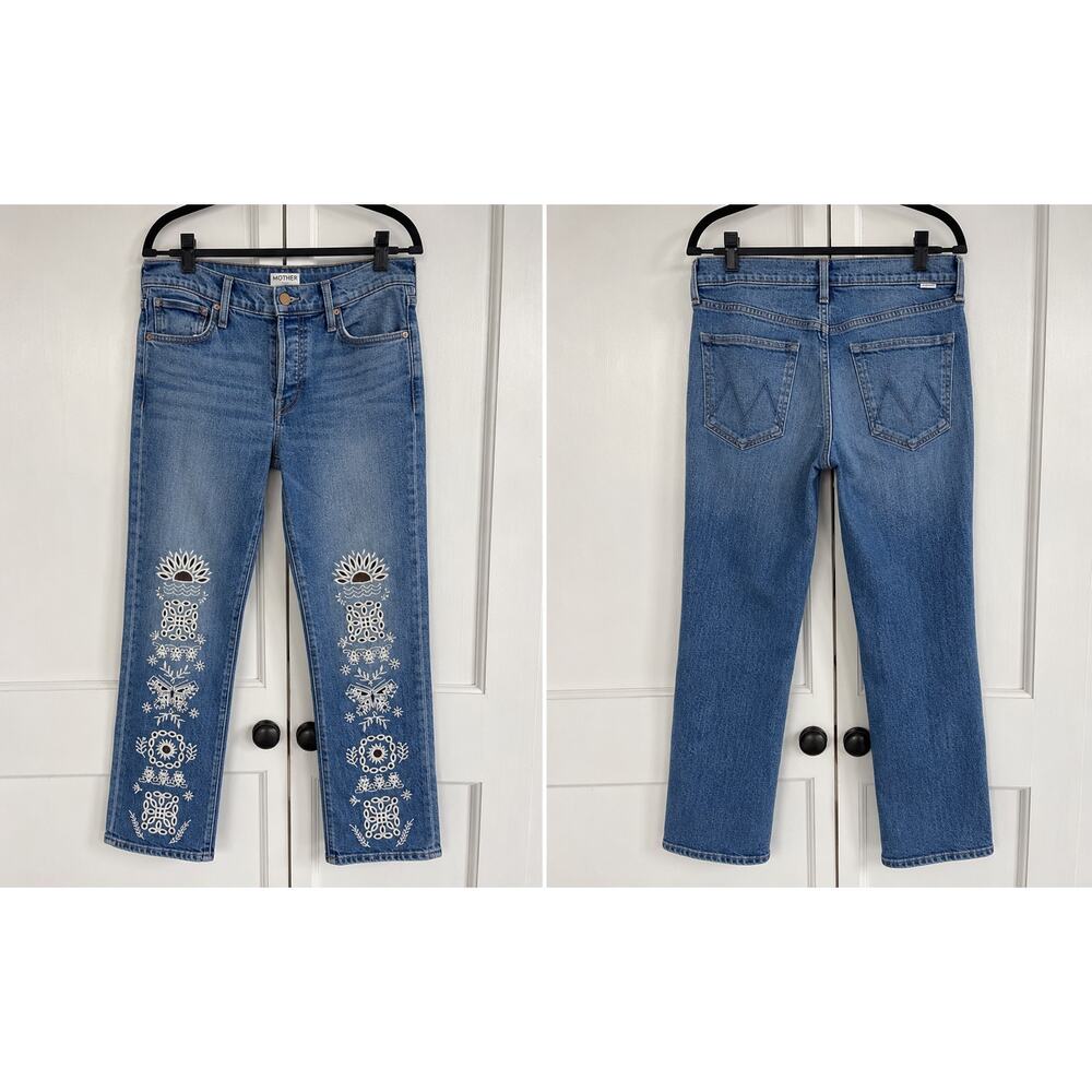 NWOT MOTHER Mid Rise Hiker Hover Floral Embroidered Jeans Tequila Sunset 26” - Picture 8 of 12